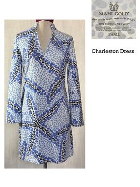 Mahi Gold The Tunic Dress Small Mosaic Pebble / Starfish Print Costal Cotton LN